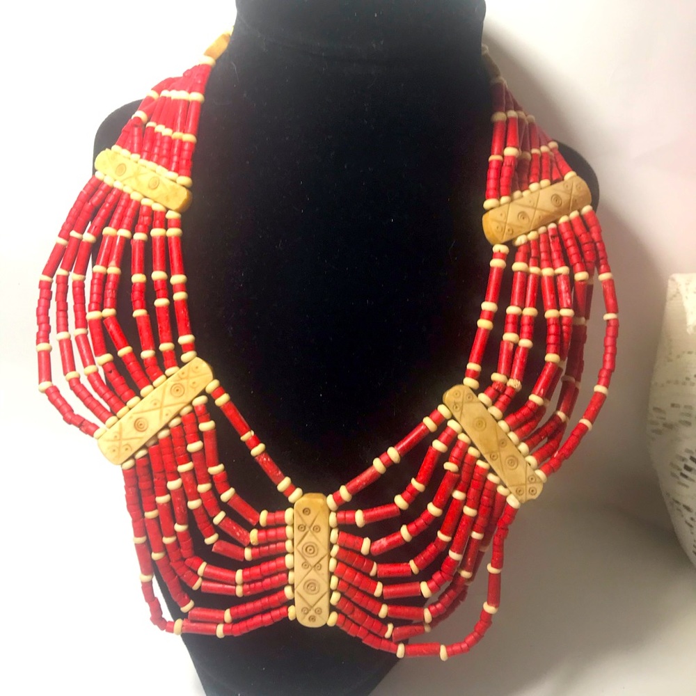 Vintage statement bib Himalayan necklace natural beads, 18”